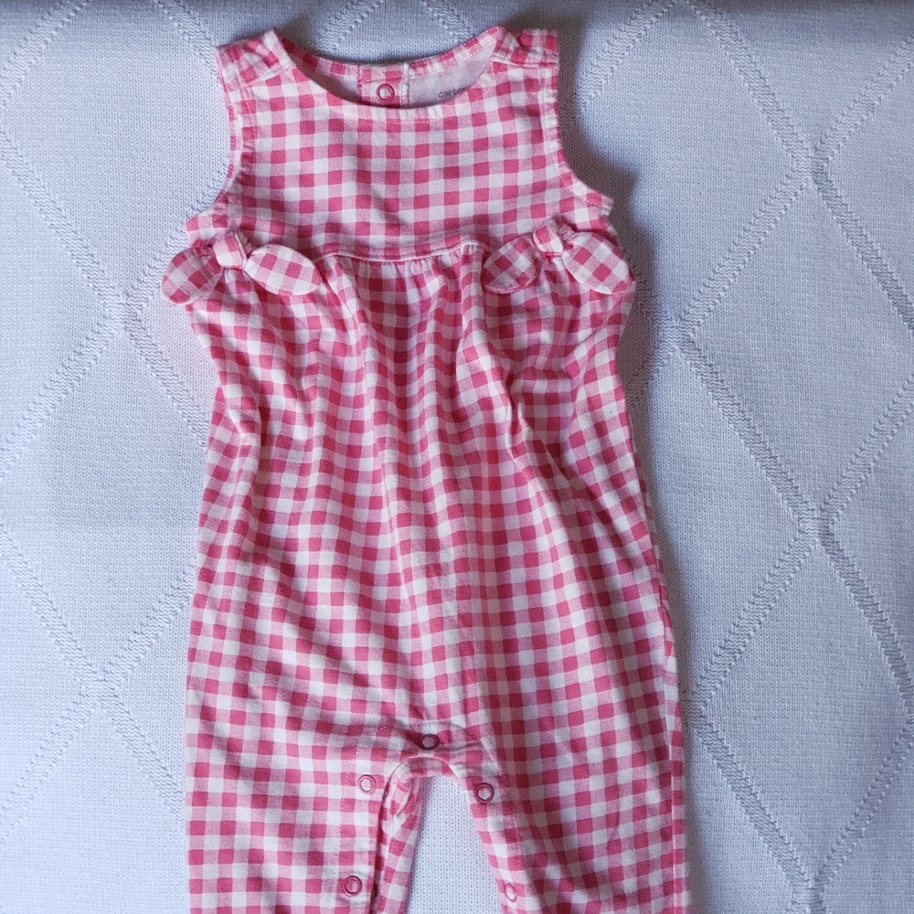 Carter's one piece pink and white plaid jumper with bow straps size 9 months